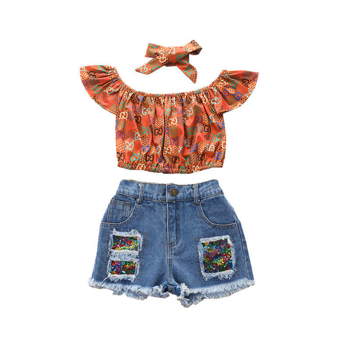 Printed Pullover Denim Shorts Suit American Summer Three-piece Children's Clothing Girls Short Set