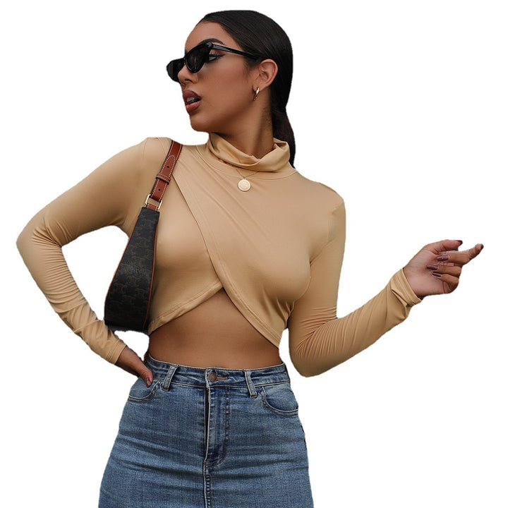 Sexy Bottoming Shirt Women Pile Pile Half High Neck Long Sleeve Cross Cropped T-shirt