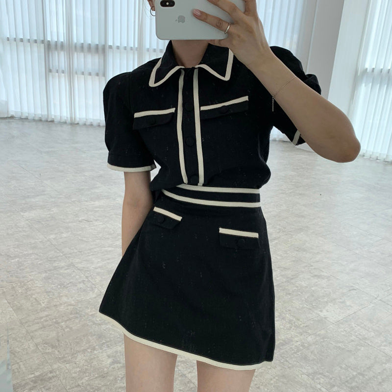 Retro Lapel Contrast Color Bound Pocket Puff Sleeve Shirt   High Waist A-line Skirt Skirt