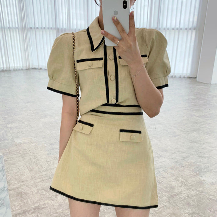 Retro Lapel Contrast Color Bound Pocket Puff Sleeve Shirt   High Waist A-line Skirt Skirt