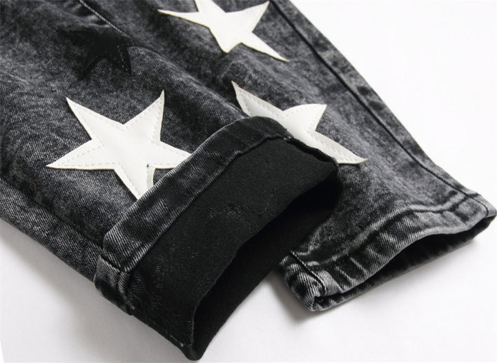 Punk Men's Jeans Hole Embroidery Five-pointed Star