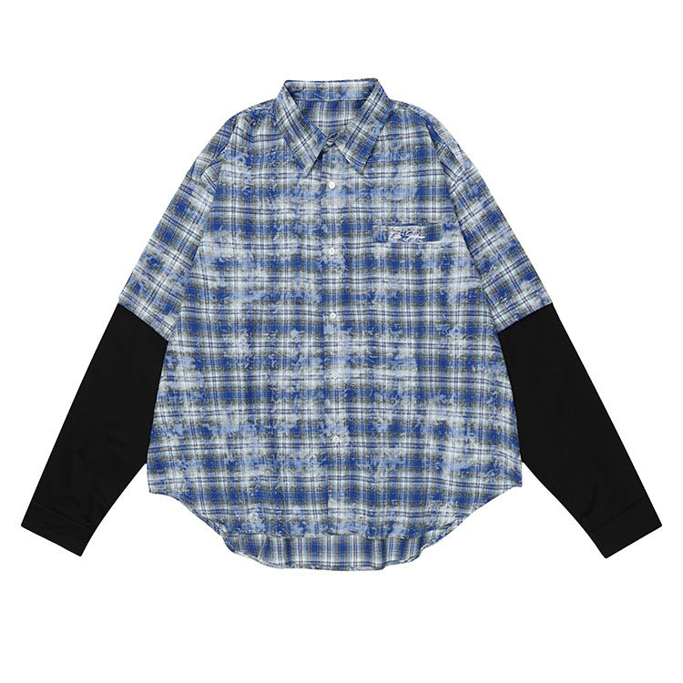 Hip Hop Plaid High Street Letter Embroidery Blooming Lapel Shirt