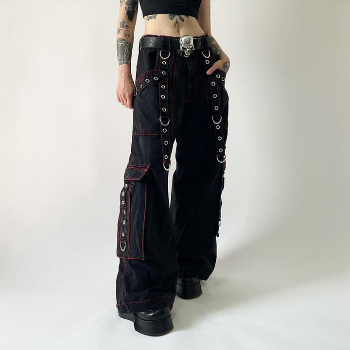 Dark Style Punk Heavy Industry Metal Ribbon Jeans Women