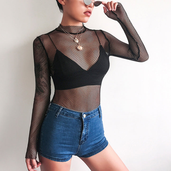 Perspective mesh half-high collar bottoming shirt