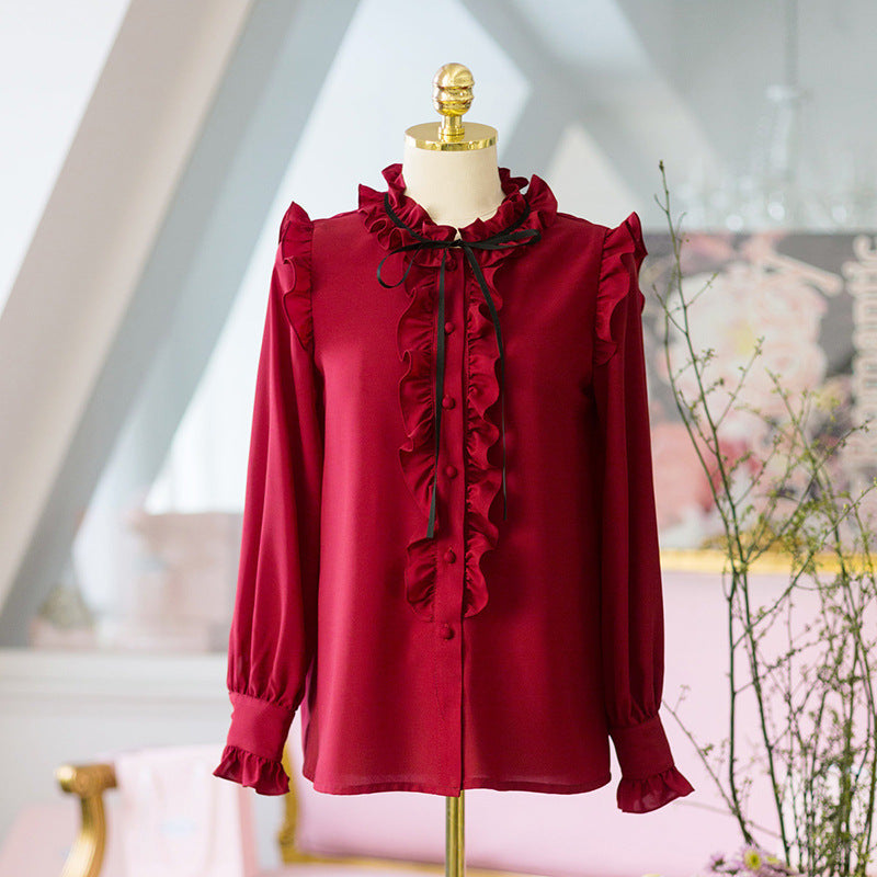 Long sleeve chiffon shirt red shirt