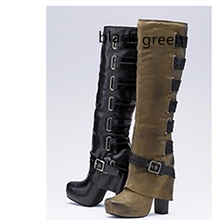 Platform High Heel High Boots With Solid Color Belt Buckle