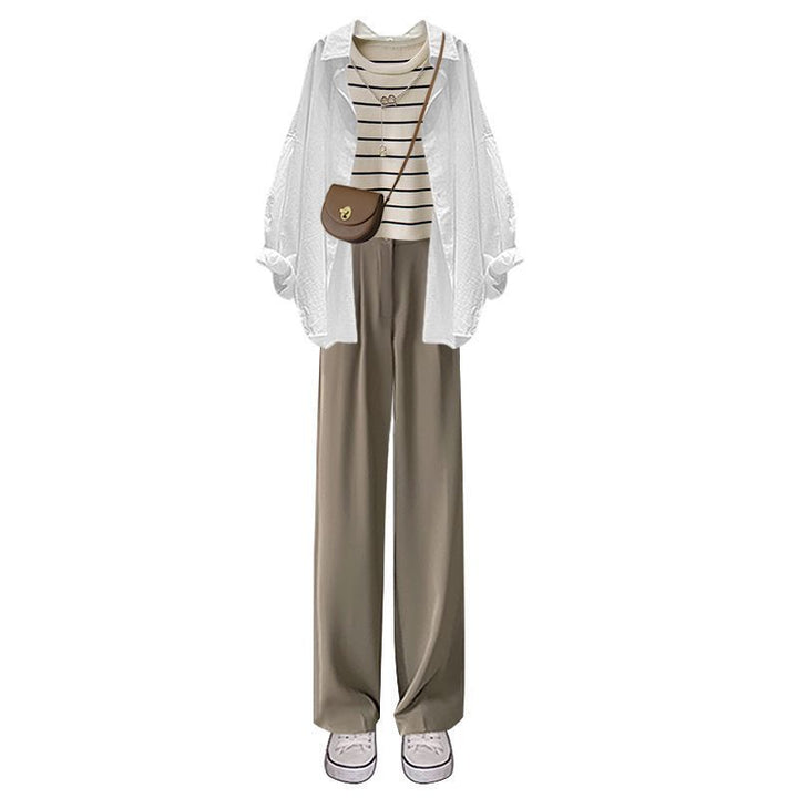 Spring Suit New Niche Design Shirt Striped Vest Wide Leg Pants Three-piece Set