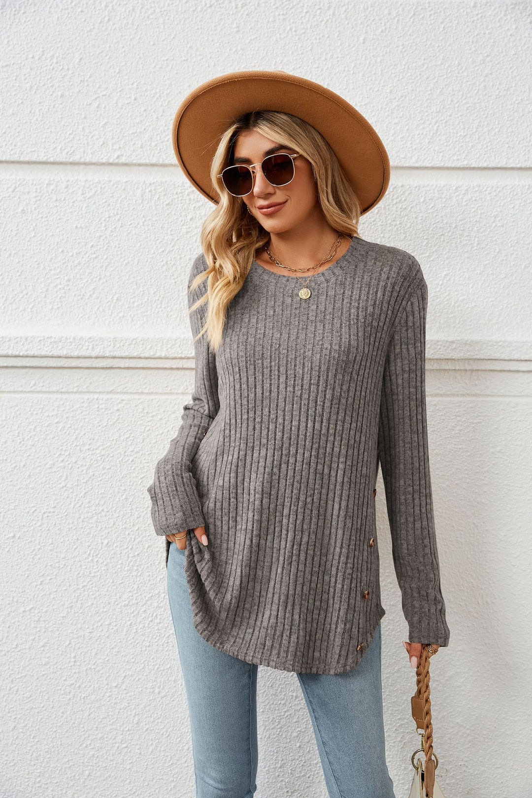 Autumn And Winter New Round Neck Long Sleeve Loose Button T-shirt Top For Women