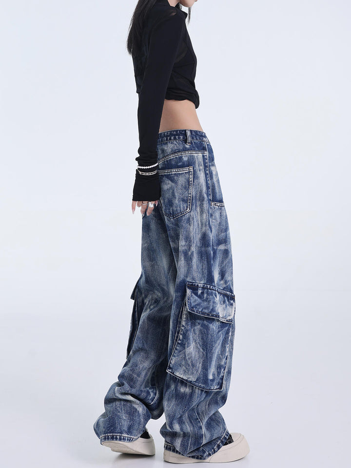 Retro Heavy Industry Washed Tie-dyed Jeans Straight Wide Leg Overalls