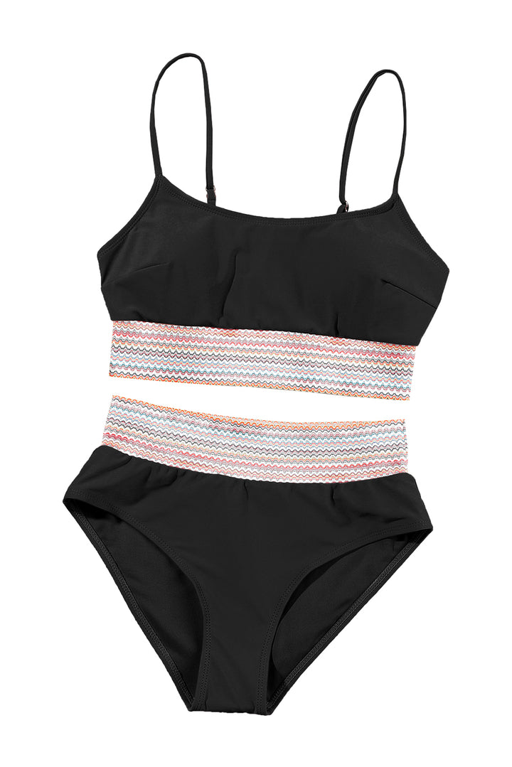 Black Striped Patchwork Spaghetti Strap High Waist Bikini Set