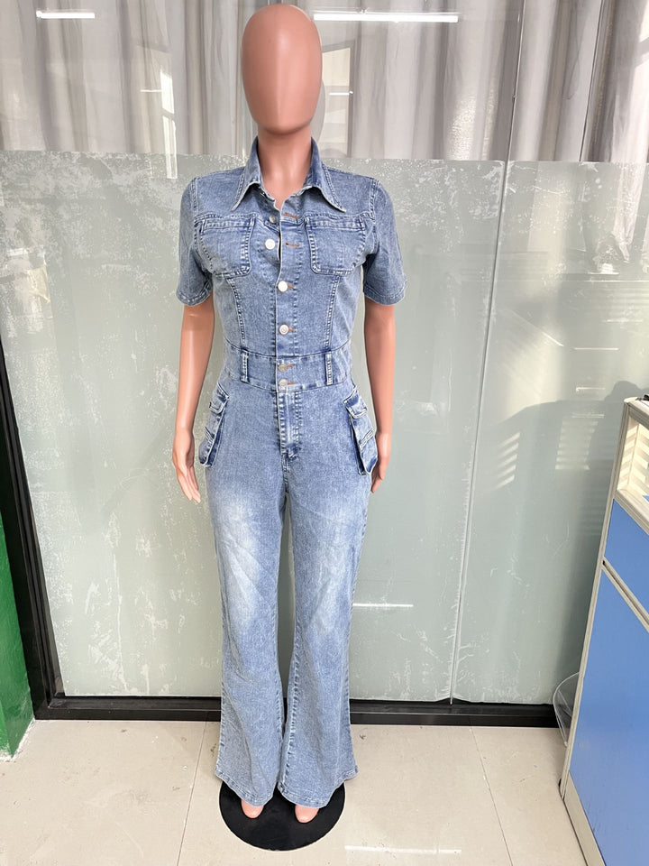 Denim Women's Washed Short-sleeved Jumpsuit