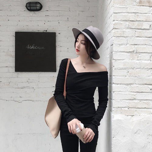 Off-Shoulder Slim Fit Long Sleeve Bottom T-Shirt