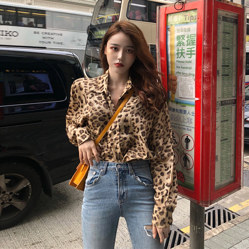 Retro contrast color leopard shirt women  autumn