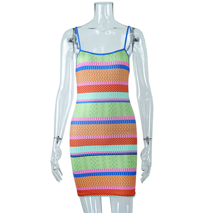 Street Digital Print Stripe Suit Hip Strap Dress