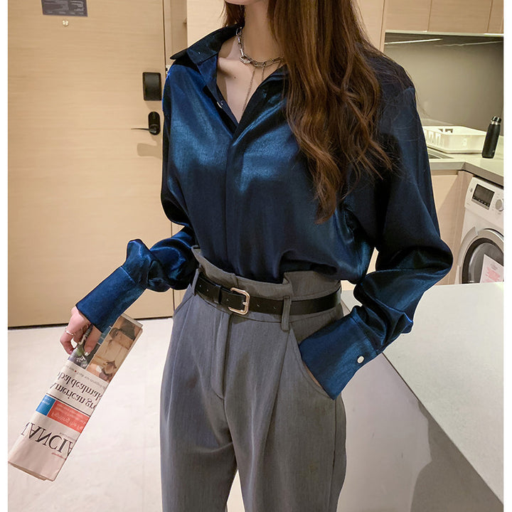 Retro temperament satin shirt women long sleeves