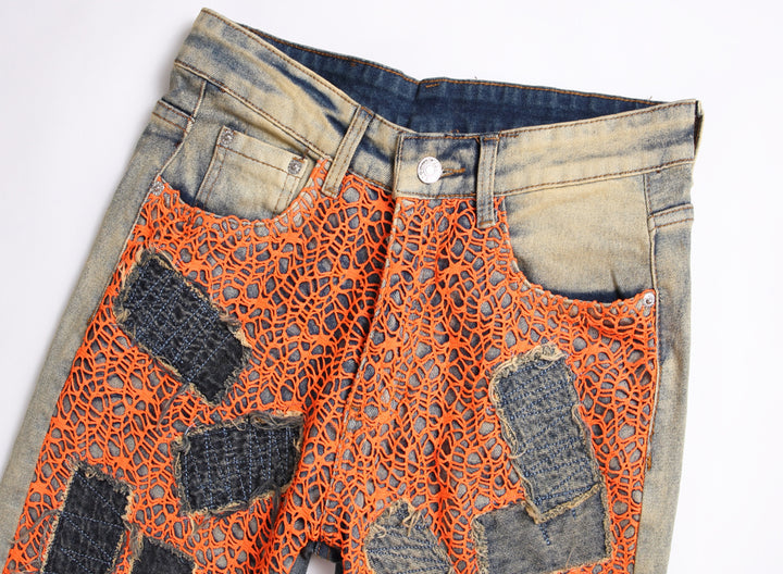 Summer New Orange Letter Embroidered Men's Jeans