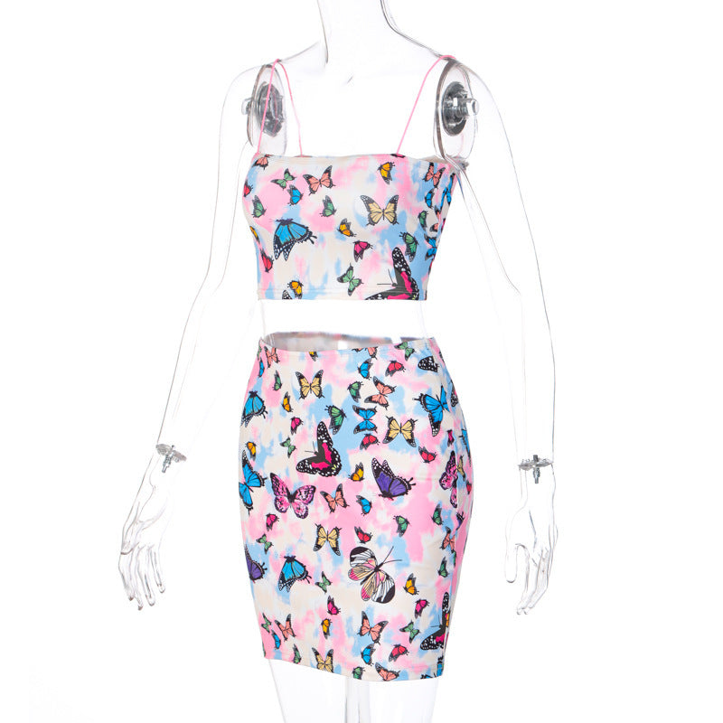 Butterfly print suspender skirt