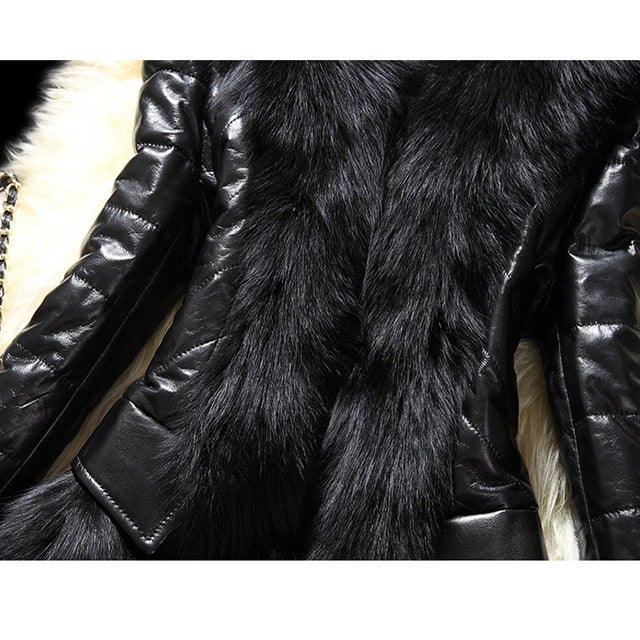 Faux fur large fur collar leather jacket