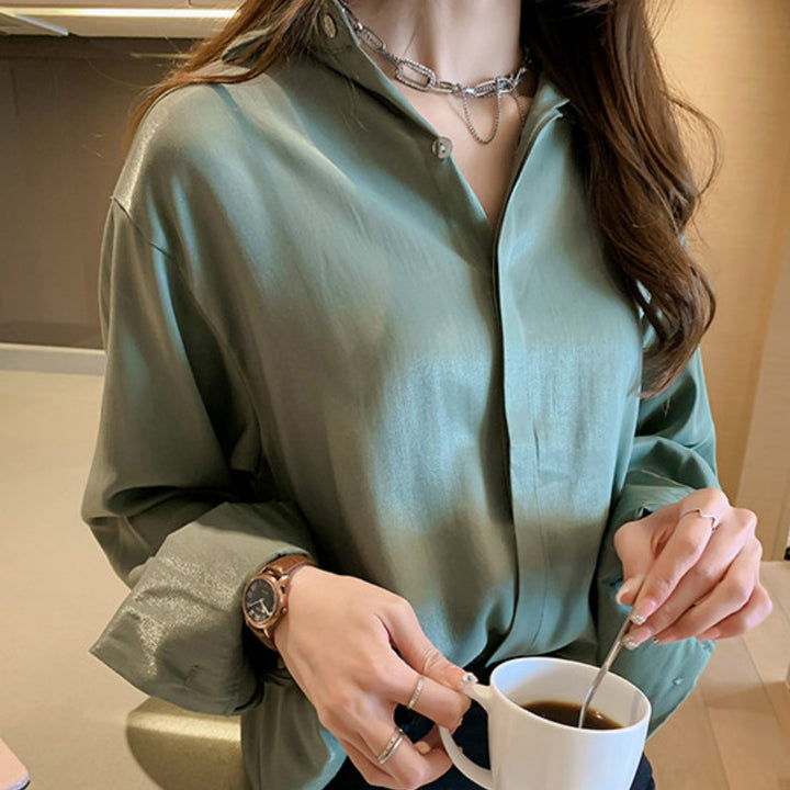 Retro temperament satin shirt women long sleeves