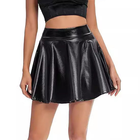 Women's Fashion High Waist Mini Glossy Stretch Flare Skirt