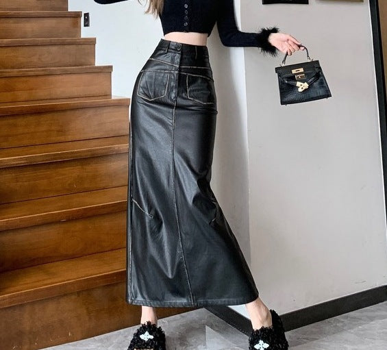 Black PU Leather Skirt Women's High Waist Slimming