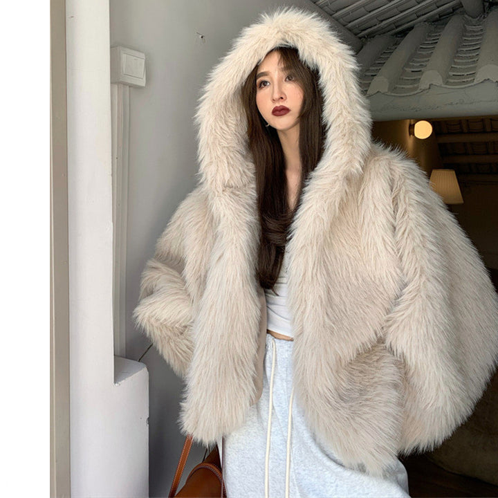 Loose Casual Hooded Warm Faux Fur Jacket