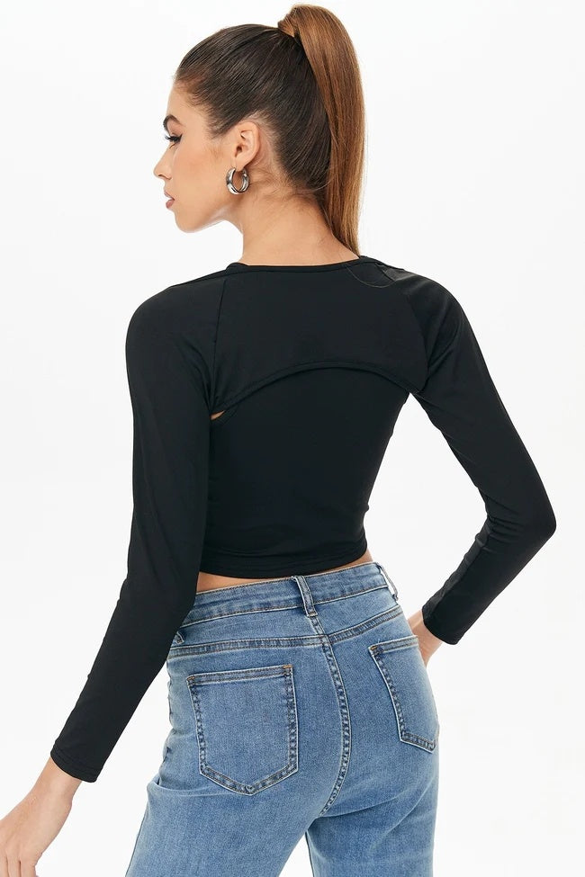 The New Cubs Round Neck Hollow Cross -body Solid Color Off -the -shoulder Long -sleeved Bottoming Shirt