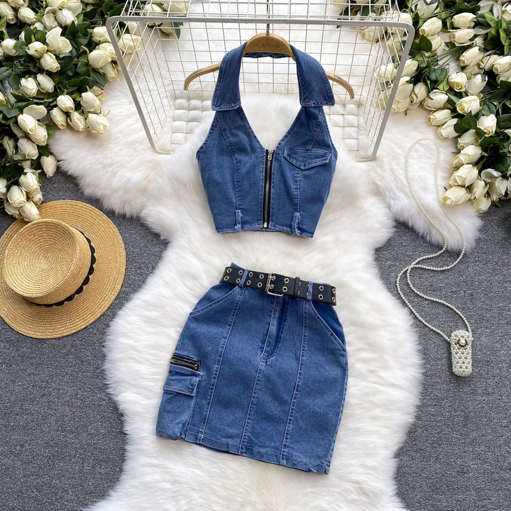 Women's Retro Slim Short Sleeveless Halter Denim Vest Two-piece Set