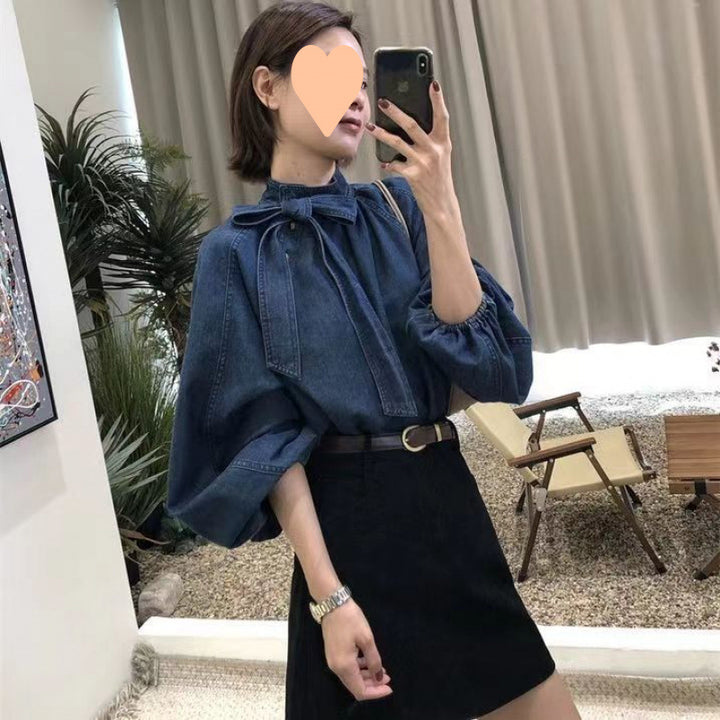 Women's Retro Casual Loose Collar Lace Up Denim Shirt