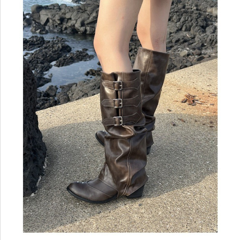 Brown Western Denim Pleated Pile Style Boots