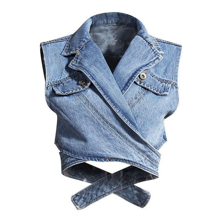 Irregular denim vest puff sleeve shirt