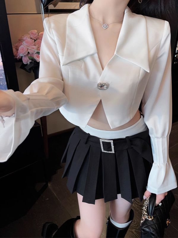 White Satin Flared Sleeve Shirt For Women