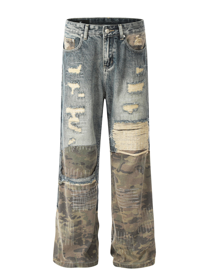 Retro Camouflage Stitching Ripped Jeans