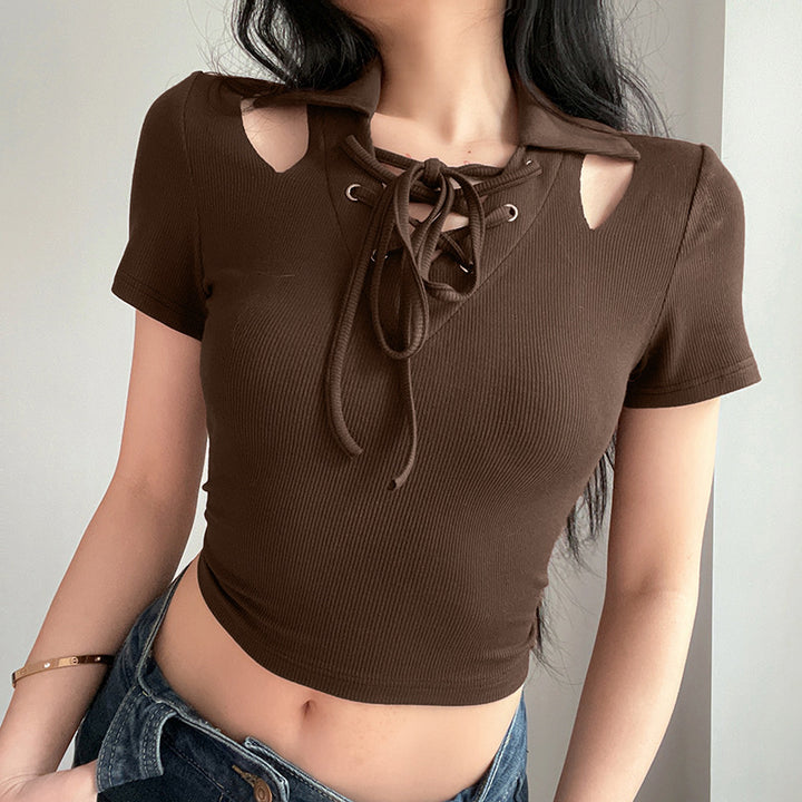 Off-the-shoulder Lace-up Collar Design Cropped Slim Fit Short-sleeved T-shirt