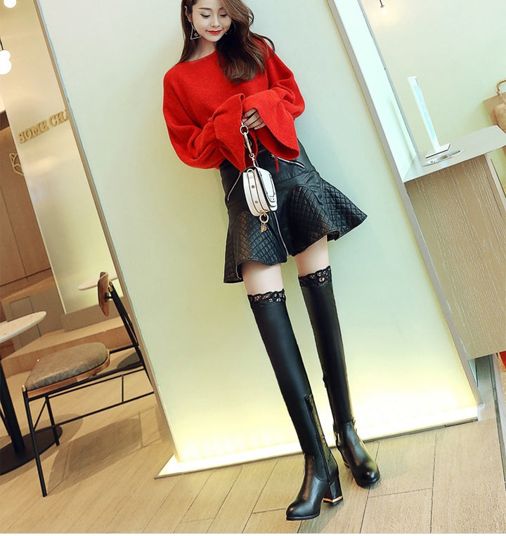 Fashion Lace Hollow Thick Heel Over-the-knee Boots