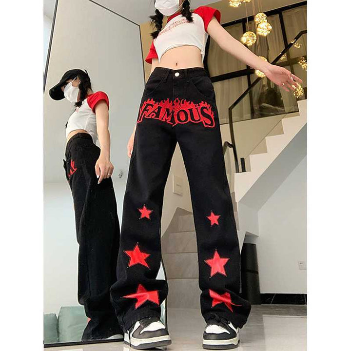 Red Star Letters Jeans For Women High Waist Casual Trousers