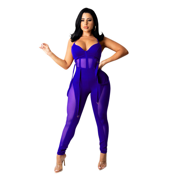 Women's Mesh See-through Suspender Jumpsuit Trousers