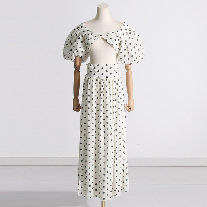 Woman Square-neck Puff Sleeve Top High Waist Slit Polka Dot Printed Dress Suit