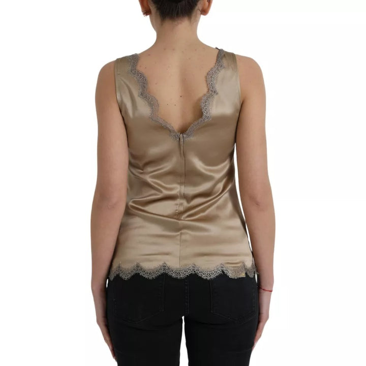 Dolce & Gabbana Brown Lace Trim V-neck Sleeveless Tank Top