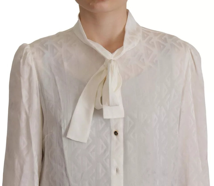 Dolce & Gabbana White Patterned Silk Ascot Collar Blouse Top