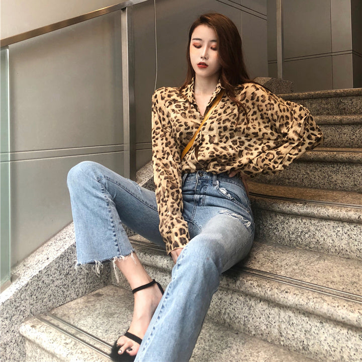 Retro contrast color leopard shirt women  autumn