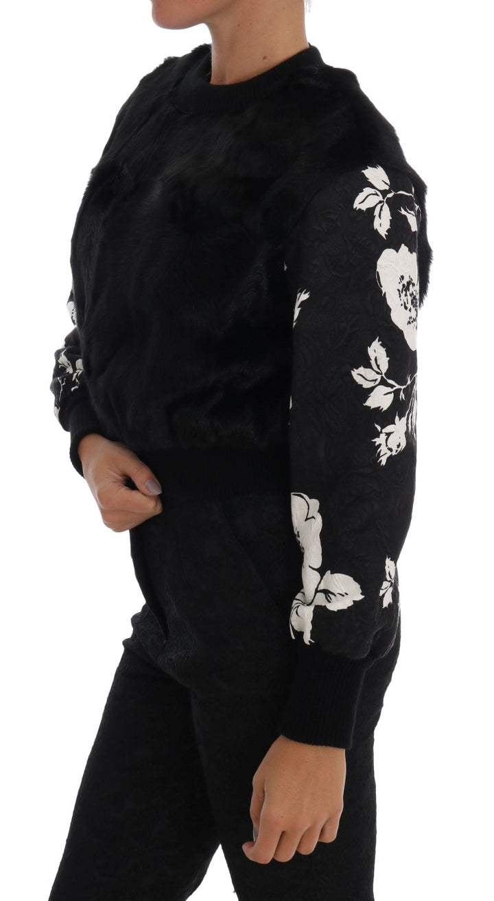 Dolce & Gabbana Floral Brocade Black Fur Sweater