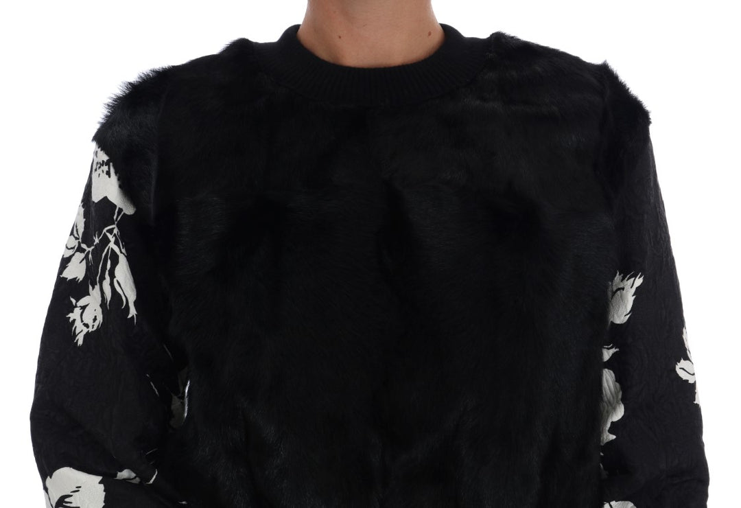 Dolce & Gabbana Floral Brocade Black Fur Sweater