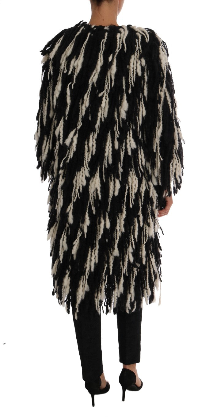 Dolce & Gabbana Black and White Fringed Wool Coat Jacket