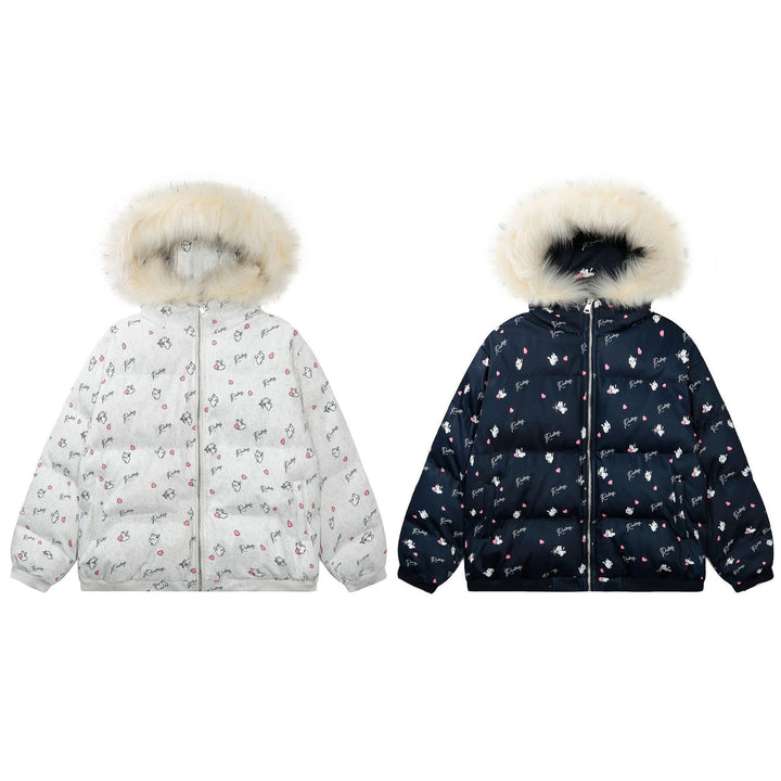 Winter New Cute Full Printed Fur Collar Hood Cotton Coat Jacket