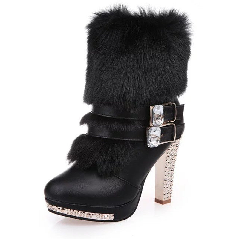 Martin Boots Women's Coarse Heel High Heel Middle Tube Fur One Piece Rhinestone