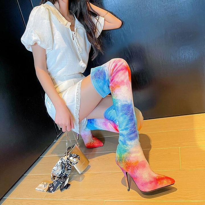 Skinny Heel Iridescent Over-the-knee Boots Elastic Boots For Women