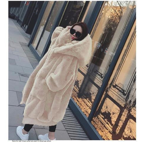 Women's New Rex Rabbit Fur Thickened Long Hooded Jacket