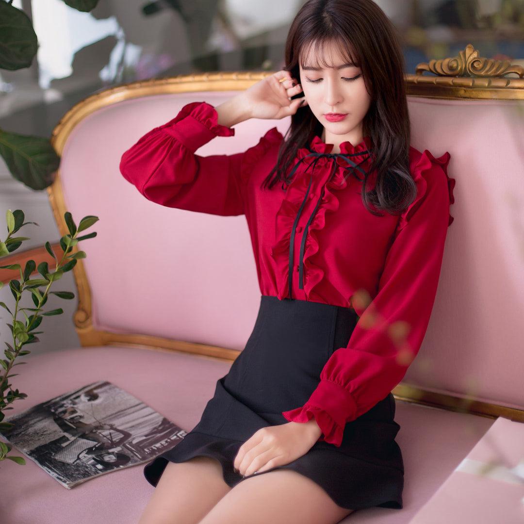 Long sleeve chiffon shirt red shirt