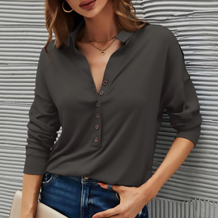 Solid Color Pit Stripe V Collar Button Shirt For Women